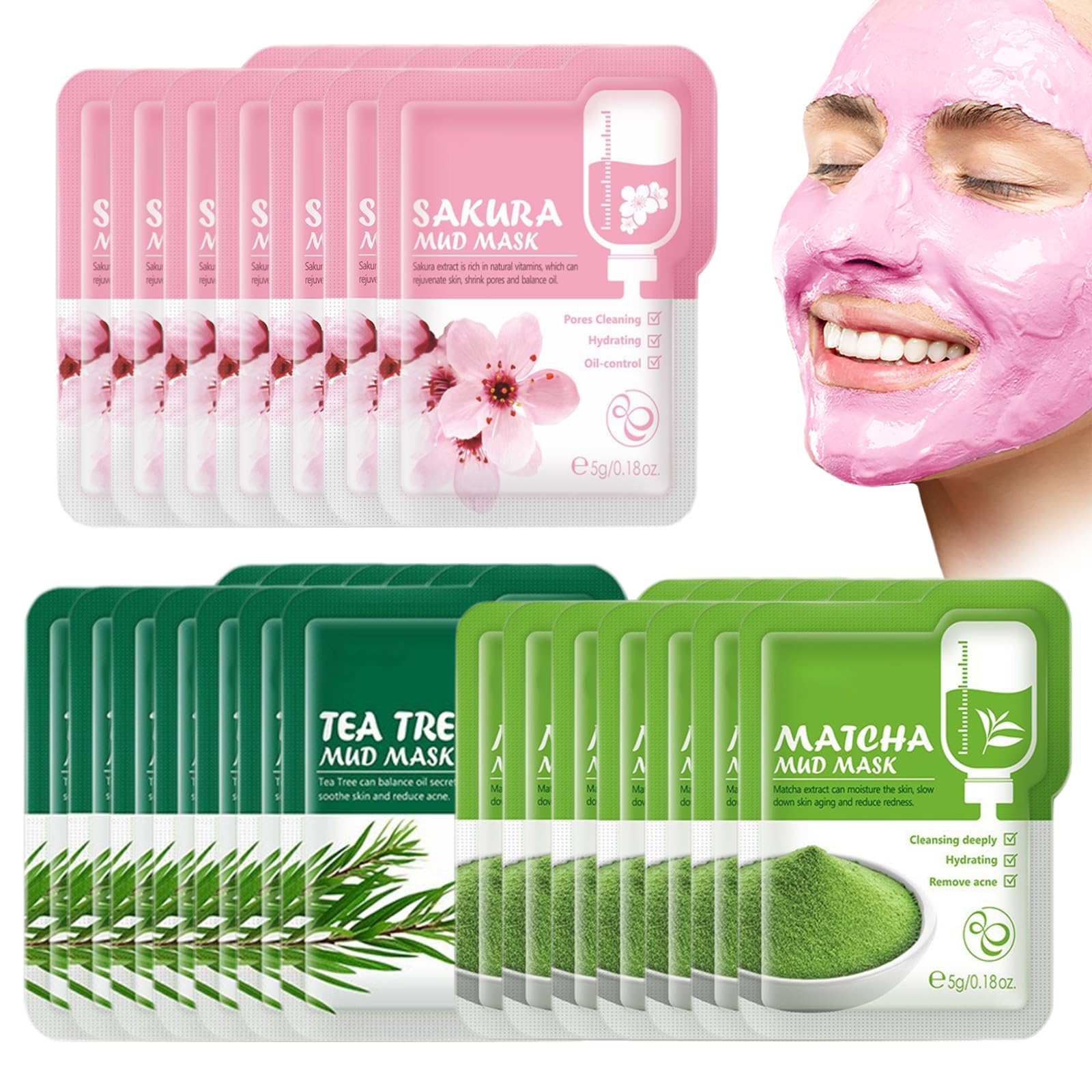 VEROA 21 Pieces Clay Mask - Natural Cherry Blossom/Tea Tree/Green Tea Face Mask - Deep Cleansing Anti Aging Brightening Hydrating Face Mask for All Skin Types Face Masks Skincare - 5g*21