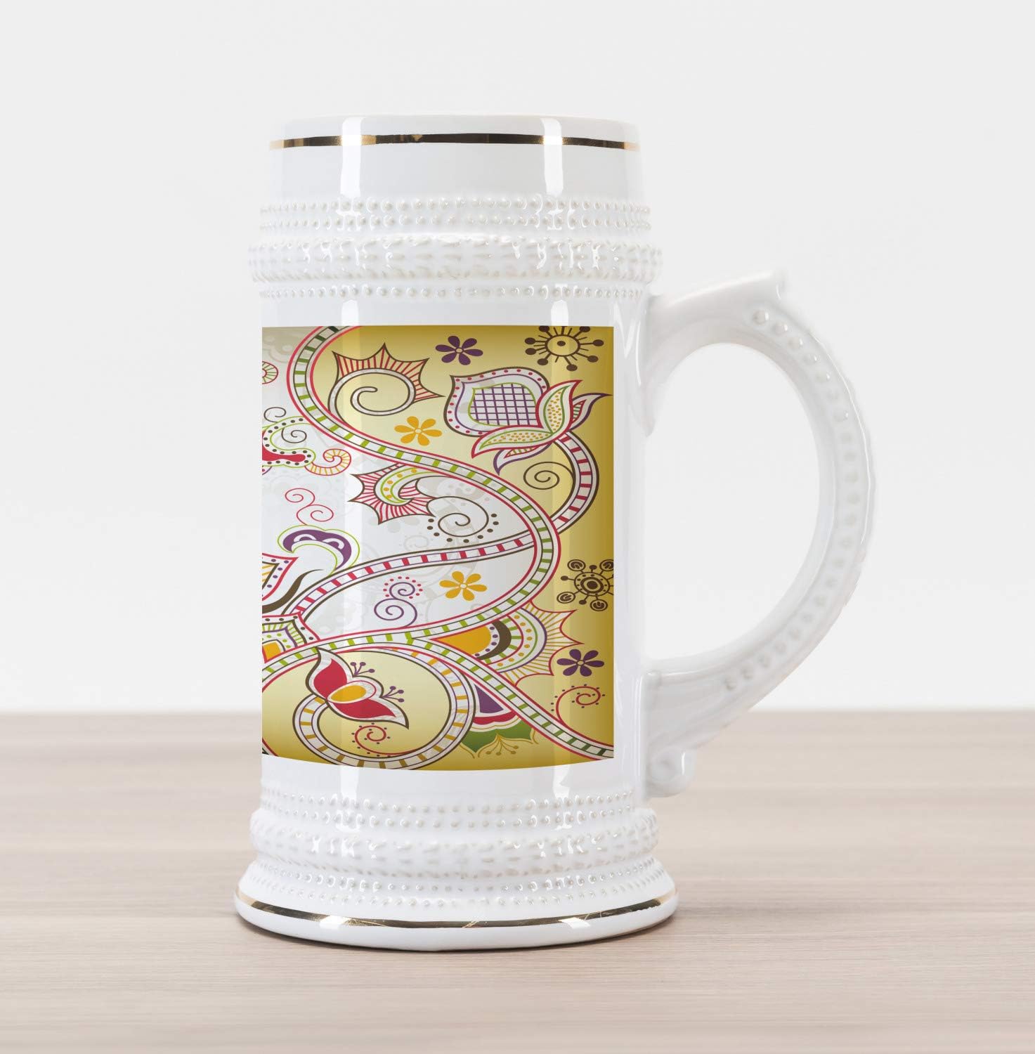 Ambesonne Floral Beer Stein Mug, Oriental Flower Ornaments