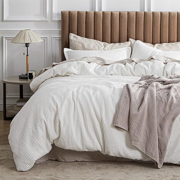 BEDSURE COTTON DUVET COVER KING – 100% COTTON WAFFLE WEAVE COCONUT WHITE DUVET COVER KING SIZE, GENTLESOFT™ AND BREATHABLE BEDDING SET FOR ALL SEASON, 3 PIECES, 104″X90″