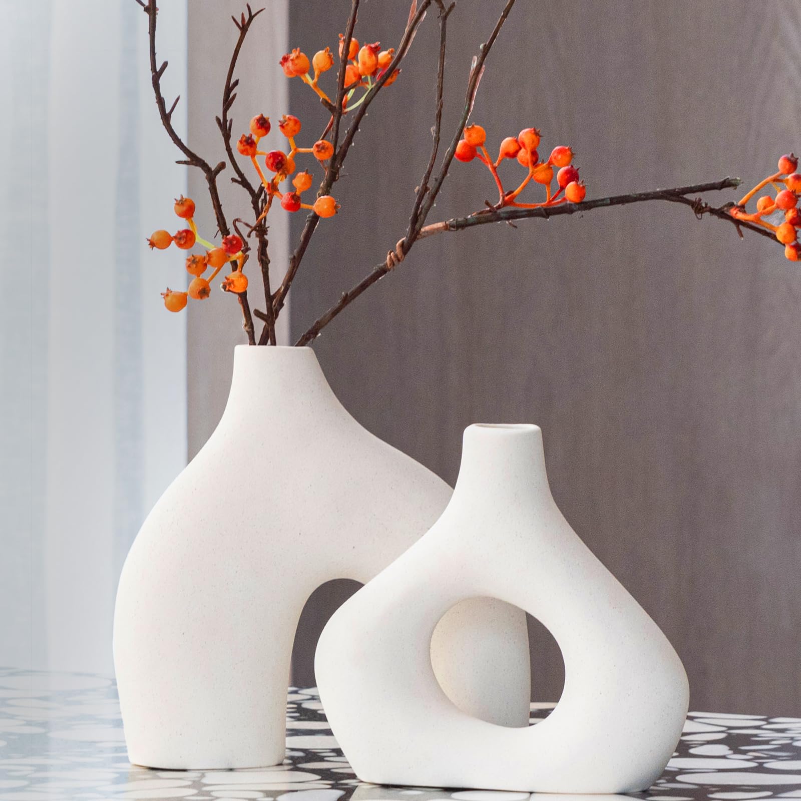 White Ceramic Vase Set of 2 - Round Matte Donut Vases for Modern Room, Neutral Boho Decor, Nordic Minimalism Style Flower Vases, Bedroom & Living Room Accessories, Dinner Table