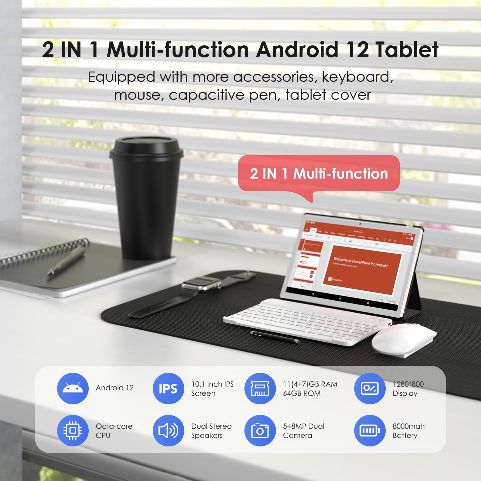 LNMBBS Android Tablet 10 Inch, 11GB RAM 64GB Storage, Android 12.0, Octa-Core Processor, With Keyboard, Large Battery, Dual Camera, Wi-Fi, Bluetooth, GPS, Mouse, Cover, Gold