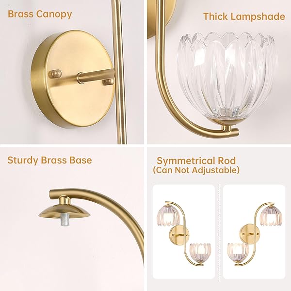 SHENMOYL BATTERY OPERATED WALL SCONCE, 2-LIGHTS VINATGE BRASS WALL LIGHTING UP AND DOWN WITH CLEAR TULIP SHADE FOR LIVING ROOM, BEDROOM, SYMMETRICAL 2 PACK