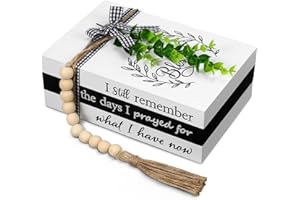 Capoda 3 Pcs Decorative Books for Home Decor Farmhouse Faux Stacked Books Wooden Rustic Table Decor with Bead Garland Twine Ribbon Faux Leaf for Table(Remember)