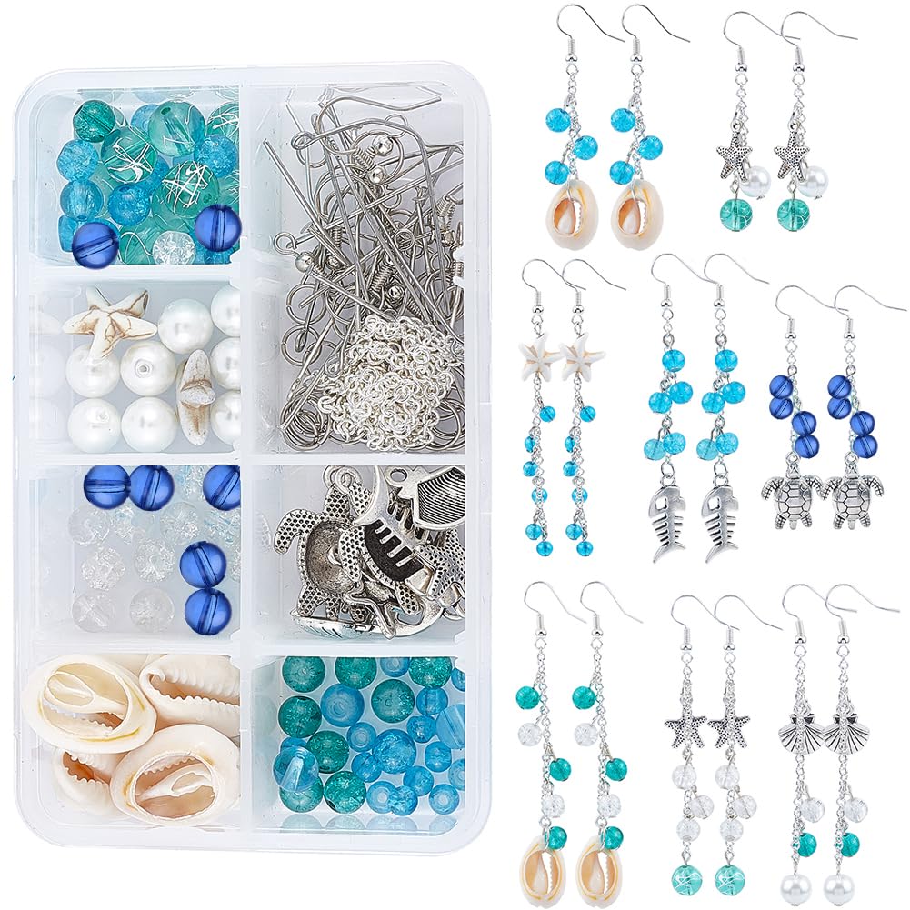 SUNNYCLUE 1 Box DIY 8 Pairs Ocean Theme Earring Making Kits Starfish Shell Sea Turtle Charms Pendants Cowrie Shell & Glass & Synthetical Turquoise Beads for Handmade Earrings Beginner