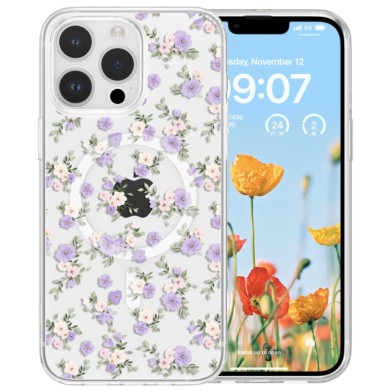 RALEAVO for iPhone 13 Pro Case Compatible with MagSafe Clear Floral Pattern Design Cute for Girls Women Slim Magnetic Hard Back Shockproof Phone Case for iPhone 13 Pro,Purple Flowers