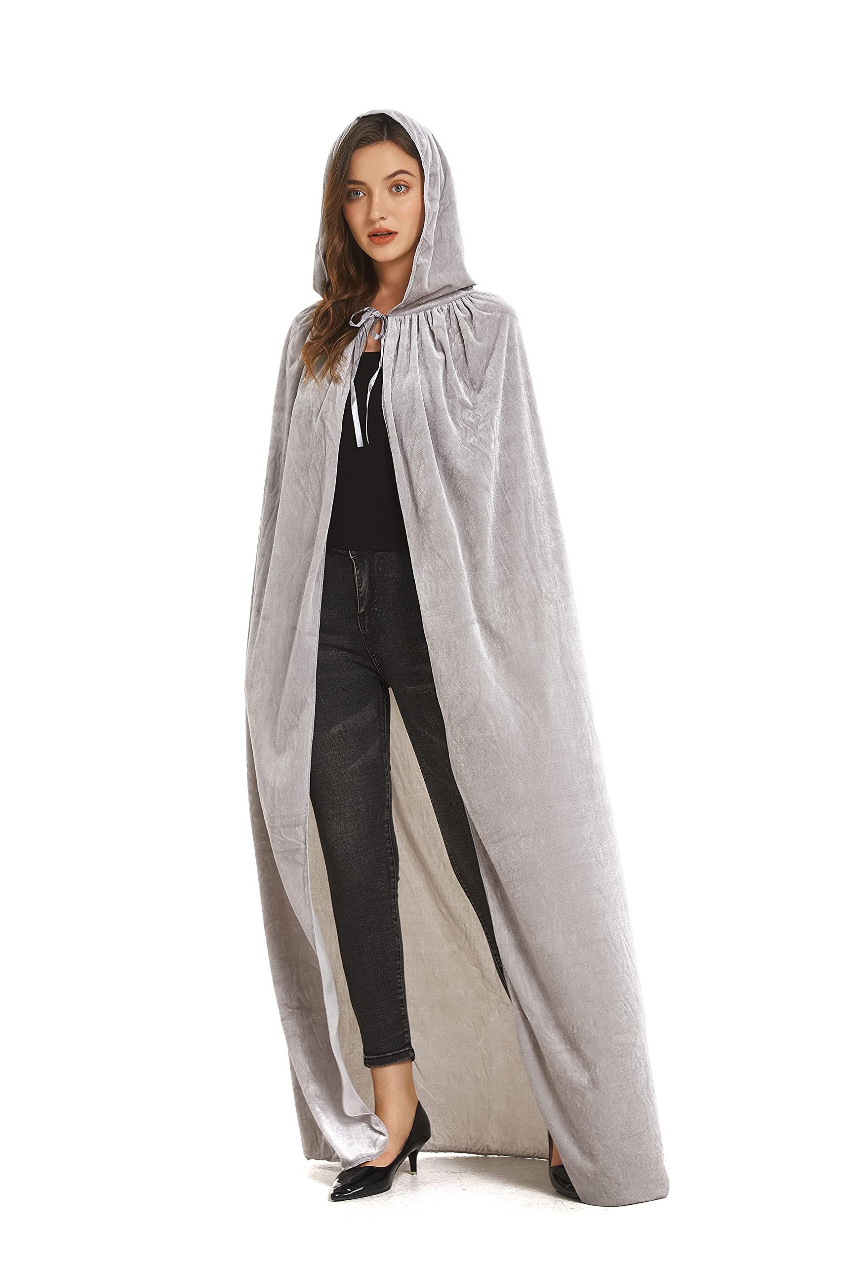 DIFLY 59" Velvet Hooded Cape Unisex Halloween Cloak for Devil Witch Wizard Halloween Christmas Cosplay (Grey)