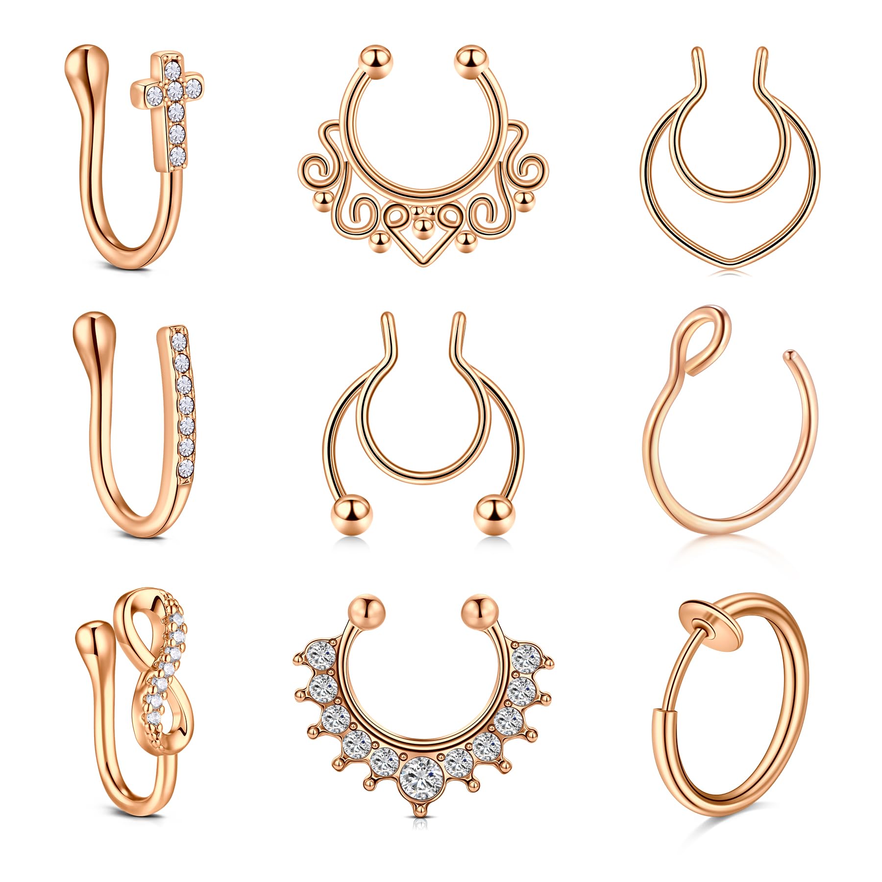D.Bella Fake Septum Nose Hoop Rings Stainless Steel Faux Lip Ear Nose Septum Ring Non Piercing Clip On Body Piercing Jewelry 9Pcs