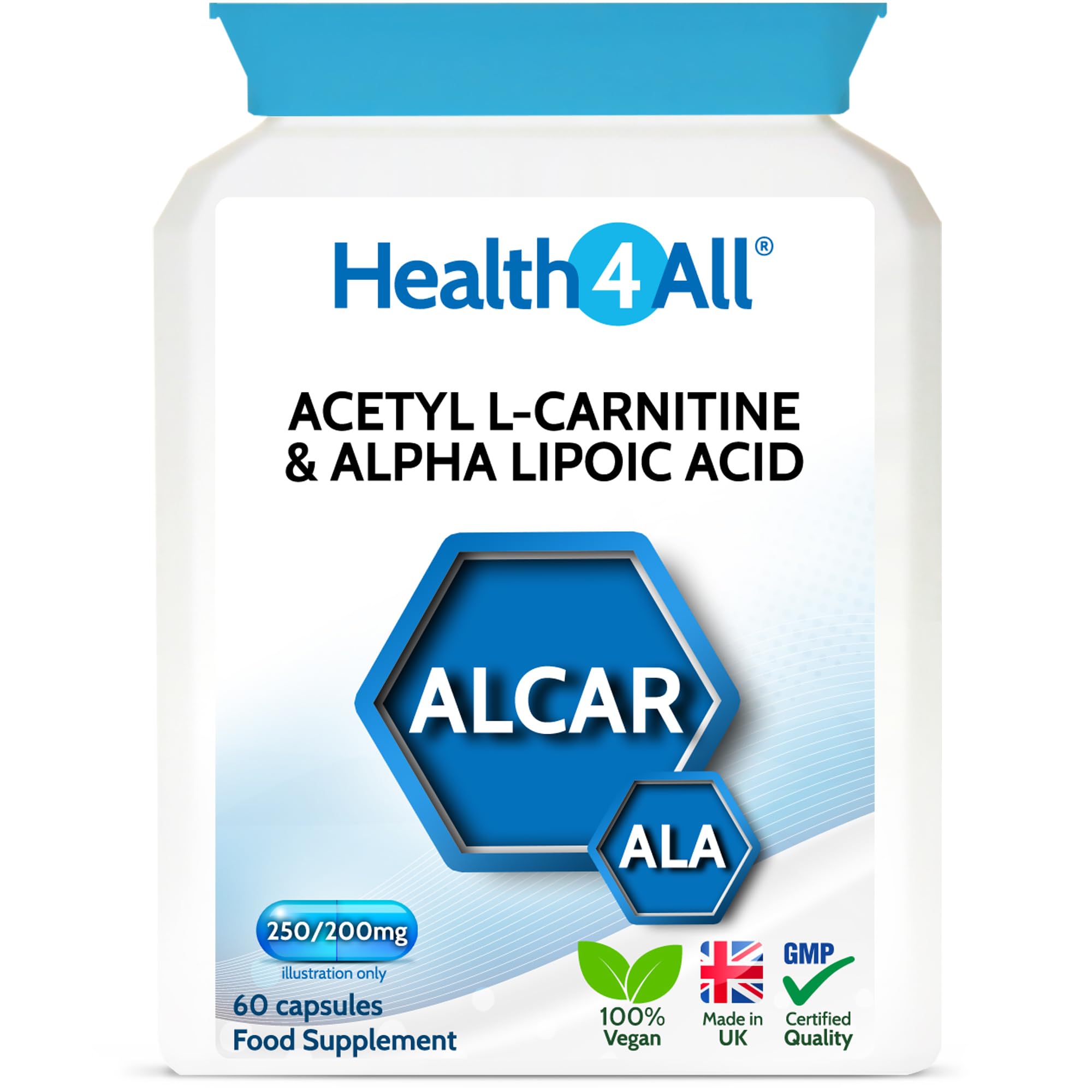 Acetyl L-Carnitine 250mg & Alpha Lipoic Acid 200mg 60 Capsules, Vegan ALCAR & ALA Supplement for Brain Function, Focus, Memory, Cognitive Performance & Mitochondrial Energy - Made in UK by Health4All
