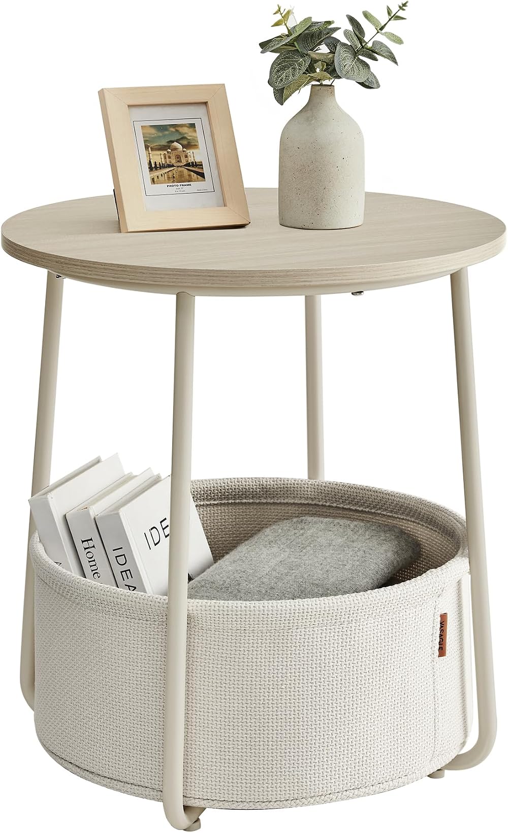 VASAGLE Round Side Table with Fabric Basket Cream White LET223K67
