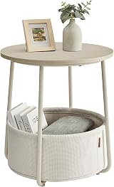 VASAGLE Round Side Table with Fabric Basket Cream White LET223K67
