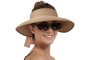 Creekstone Sun Visor Hats for Women Straw Visor Wide Brim UV Protection Packable Summer Beach Hat Ponytail Travel UPF 50+