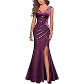 Miusol Women's V-Neck Sleeveless Elegant Satin Ruched Slit Party Formal Maxi Dress