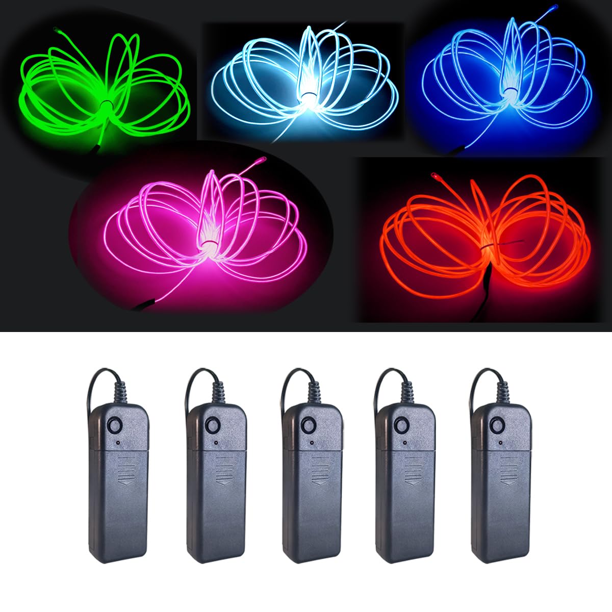Balabaxer EL Wire, 5 Pack 9ft Neon Lights Portable Electroluminescent Wire with Battery Pack for Parties, Halloween,DIY Decoration (Green, Blue, Red, White, Pink)