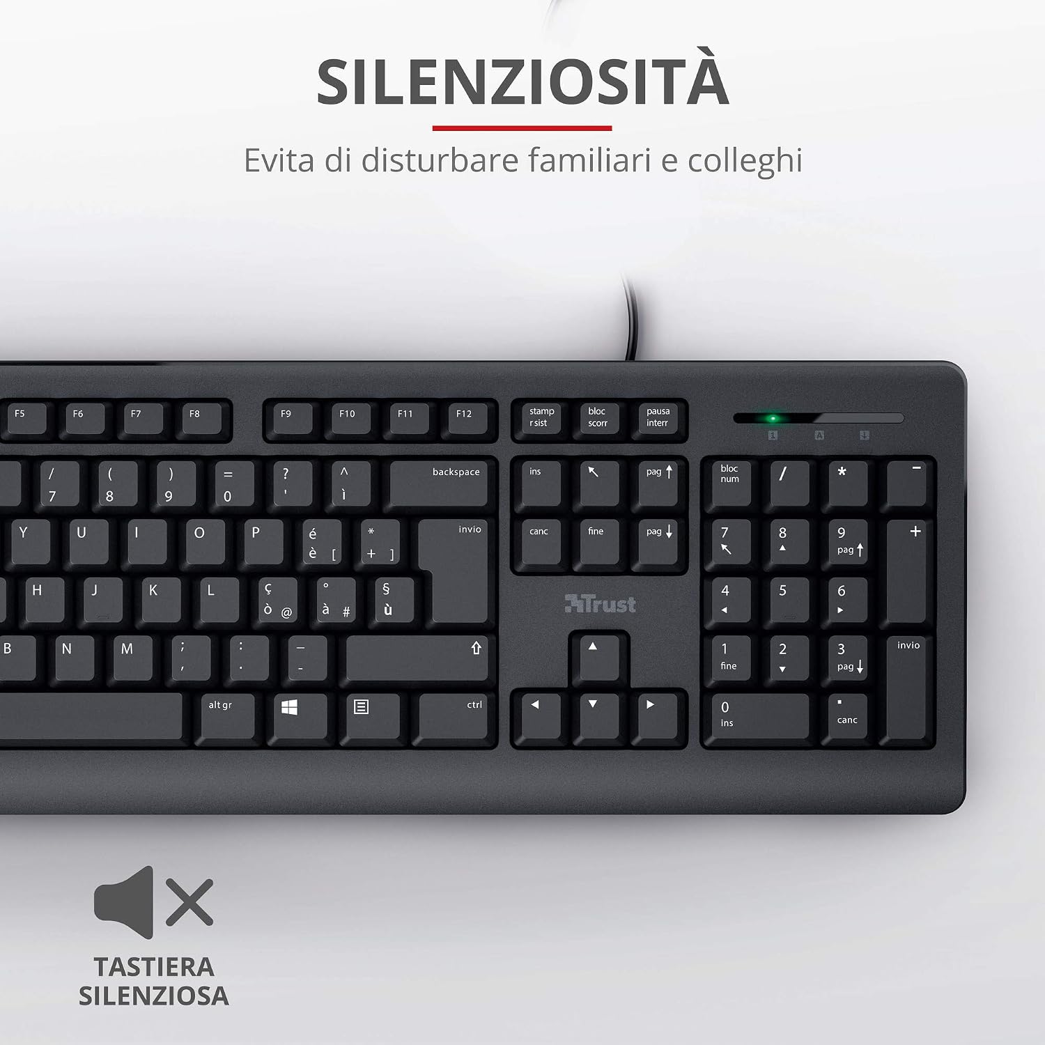 Trust Taro USB Wired Keyboard, Italian Layout QWERTY for PC/Laptop/Notebook, Mac/Windows, Silent Keys, 1.8 Meters Cable - Image 4