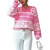 RoseSeek Women's Graphic V Neck Sweaters Long Sleeve Knitted Fall Fashion Pullover Jumper