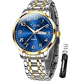 Taxau Men’s Dress Watches Waterproof Analog Quartz Watch with Day Date Stainless Steel Band Luxury Large Arabic Numerals Classic Luminous Hands Easy Read, Hidden Butterfly Clasp Relojes para Hombres