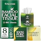 Bamboo Facial Tissue | 3-Ply Strong | Lint-Free, Fragrance-Free | Gentle for Sensitive Skin | BPA & PFAS-Free, FSC Certified | 8 Cube Boxes (480 Sheets) | PALM NAKI