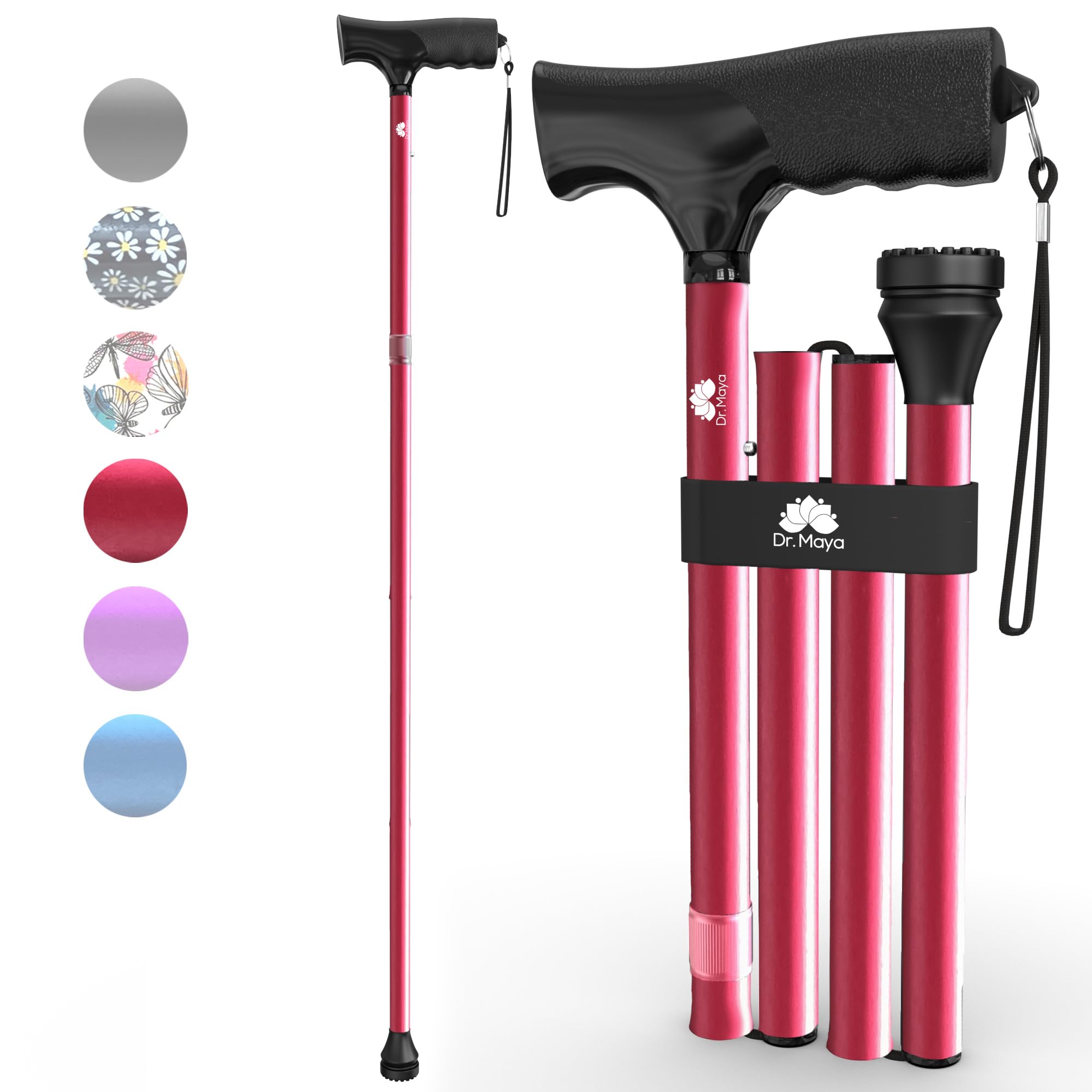Dr. Maya Folding Walking Stick for Women and Men – Adjustable Collapsible Walking Cane with Soft T Handle and Carry Bag – Lightweight Foldable Walking Stick for Seniors, Red, Supports 113 kg
