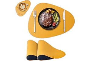 NOSTHEART Faux Leather Placemats and Coasters Set of 2, Dual-Sided Round Place Mats for Kitchen Dining Patio Table, Washable Oval Modern Table Mates, Non-Slip Heat Resistant Coffee Mates, Yellow Blue Placemats