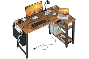 Lufeiya Small L Shaped Desk with Power Outlet Shelves, 40 Inch Reversible Corner Desk for Small Space Home Office, L-Shaped Computer Desk PC Desks with Charging Station, Rustic Brown