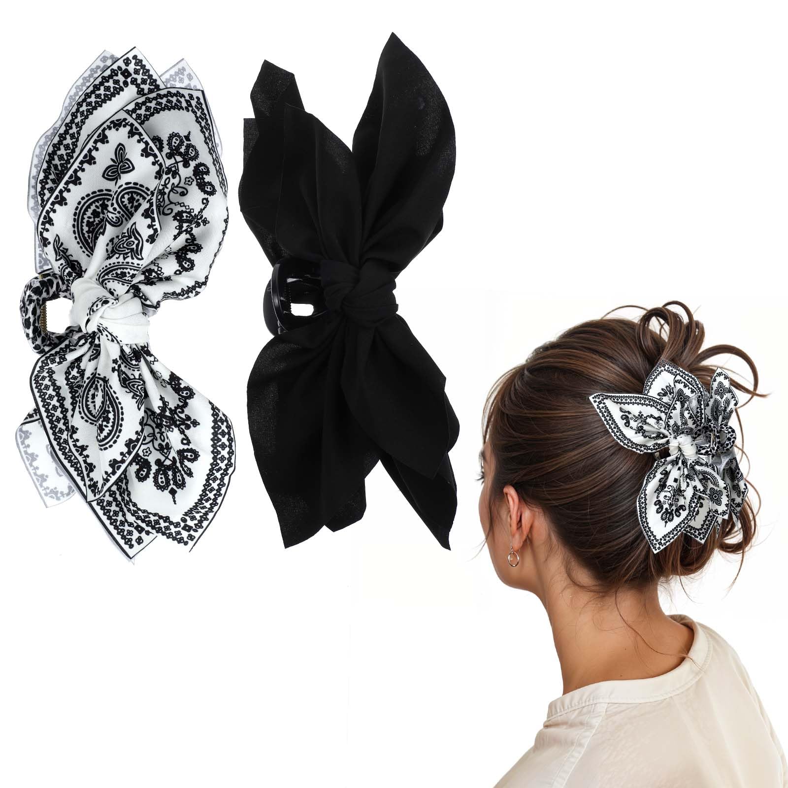 AOZUO 2PCS Big Bow Claw Clips, Black White Flower Claw Clips Nonslip Large Hair Clips Hair Accessories for Thick Hair for Women Girls