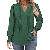 DOLNINE Plus-Size-Tops for Women Notch V Neck Puff Long Sleeve T Shirts Casual Pleated Trendy Smocked Cuffs Tee Tunics XL-5XL