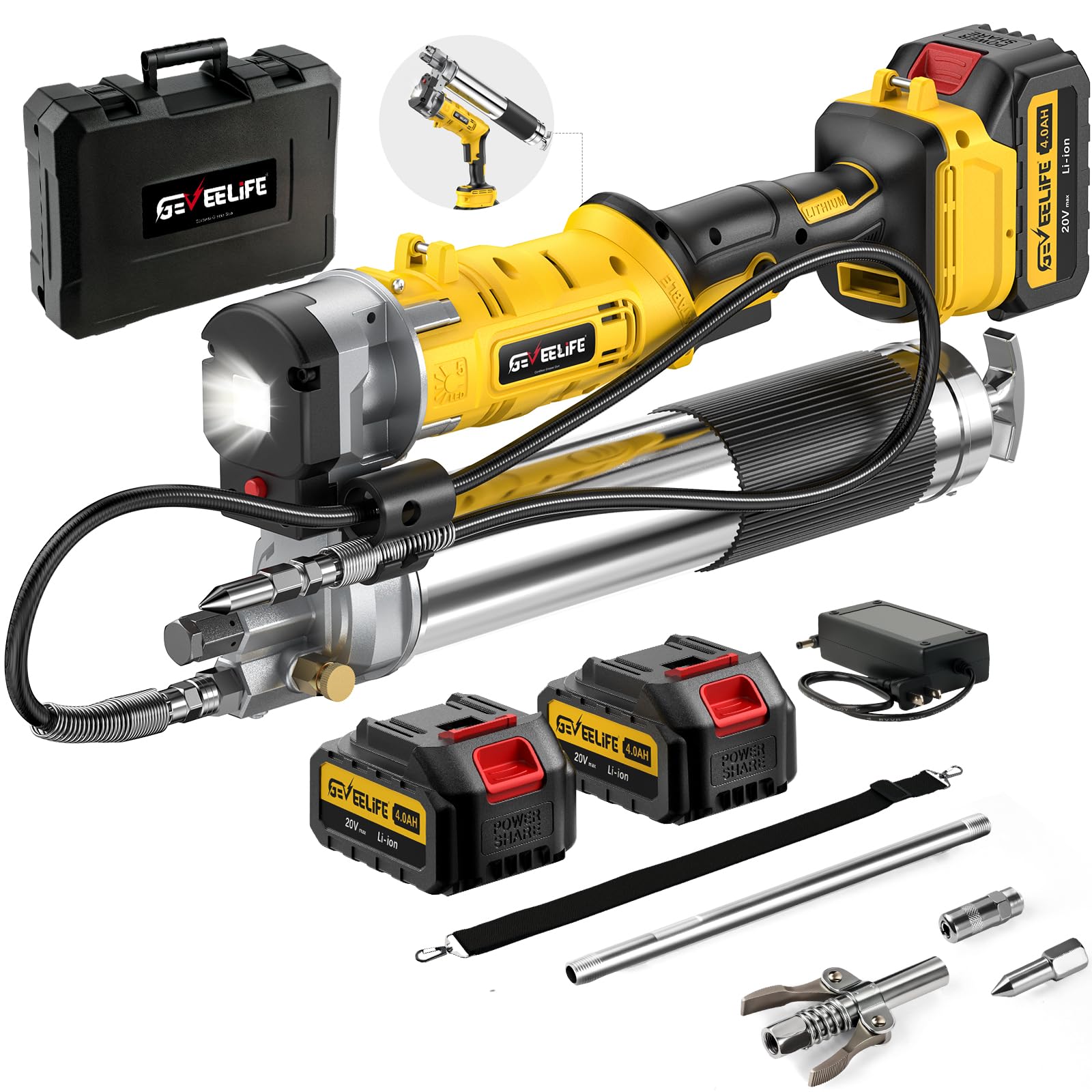 Photo 1 of GEVEELIFE Electric Grease Gun -2025 Upgraded 2-in-1 Design with 2×4000mAh Batteries, Fast Charger & 90° Swivel Coupler, 12,000 PSI - Works with Bulk & Cartridge Grease for Farm, Truck, Construction