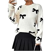 Pinclodly Bow Sweater Women Long Sleeve Crewneck Cute Sweaters Casual Vintage Sweater with Bow Winter Oversized Sweaters
