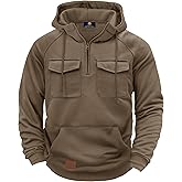 Herberton Men's Warm Casual Hooded Shirt New Cozy Hoodie Durable Versatile Classic Heavyweight Utility Tactical Pocket Longsleeve Running 1/4 Zipper Sport Loose Fit Pullover Khaki L