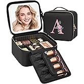 Relavel Valentine's Day Gifts for Teen Girls Women Girlfriend, Initial Makeup Bag with LED Mirror Travel Cosmetic Organizer Train Case for Grandkids Graduation Teacher, Trendy Stuff, Black A