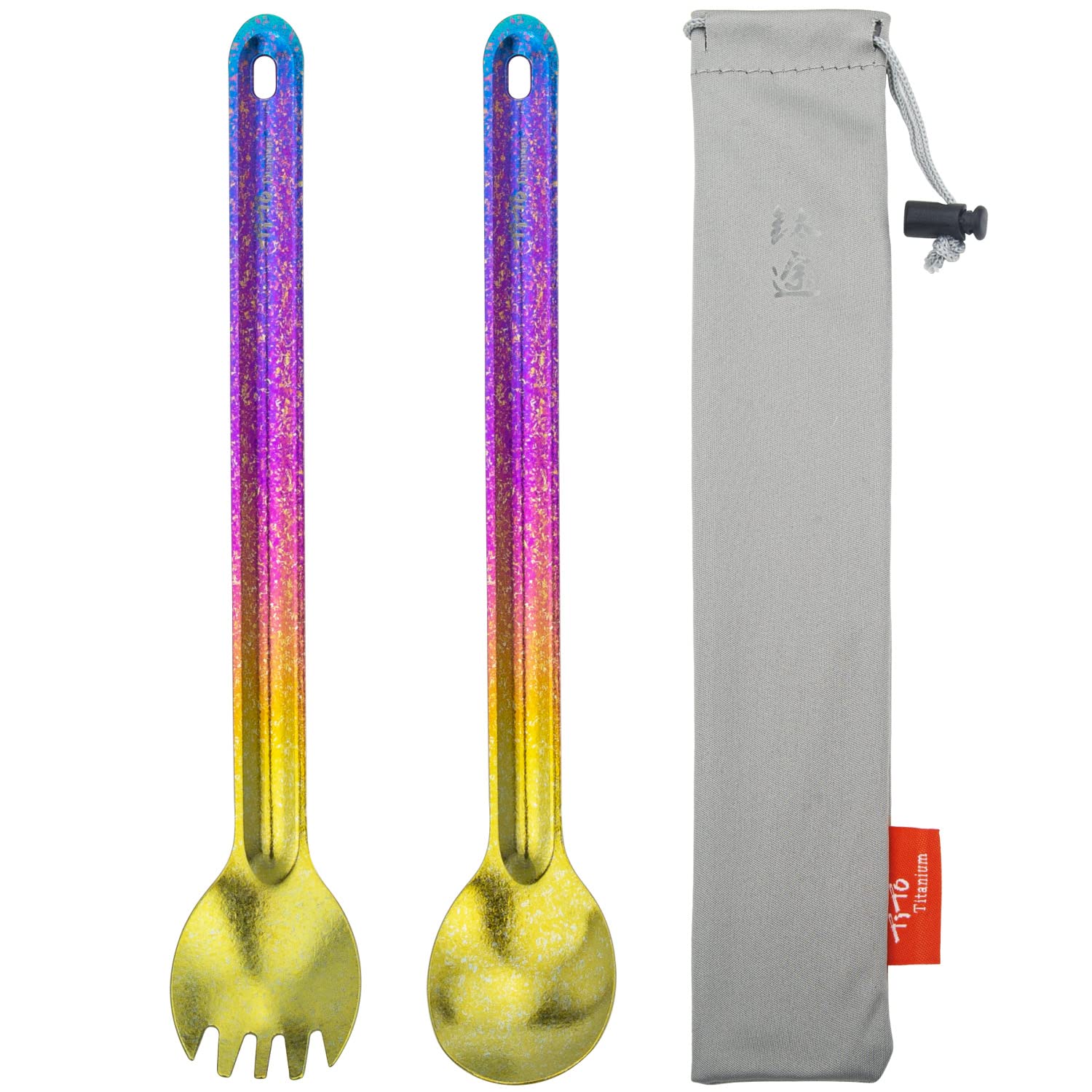 TiTo Titanium Long Handle Spork and Spoon Eco-Friendly Ultralight Portabale Flatware for Outdoor Camping Backpacking Hiking Travel Picnic Tableware with Bag(2pcs Colorful)