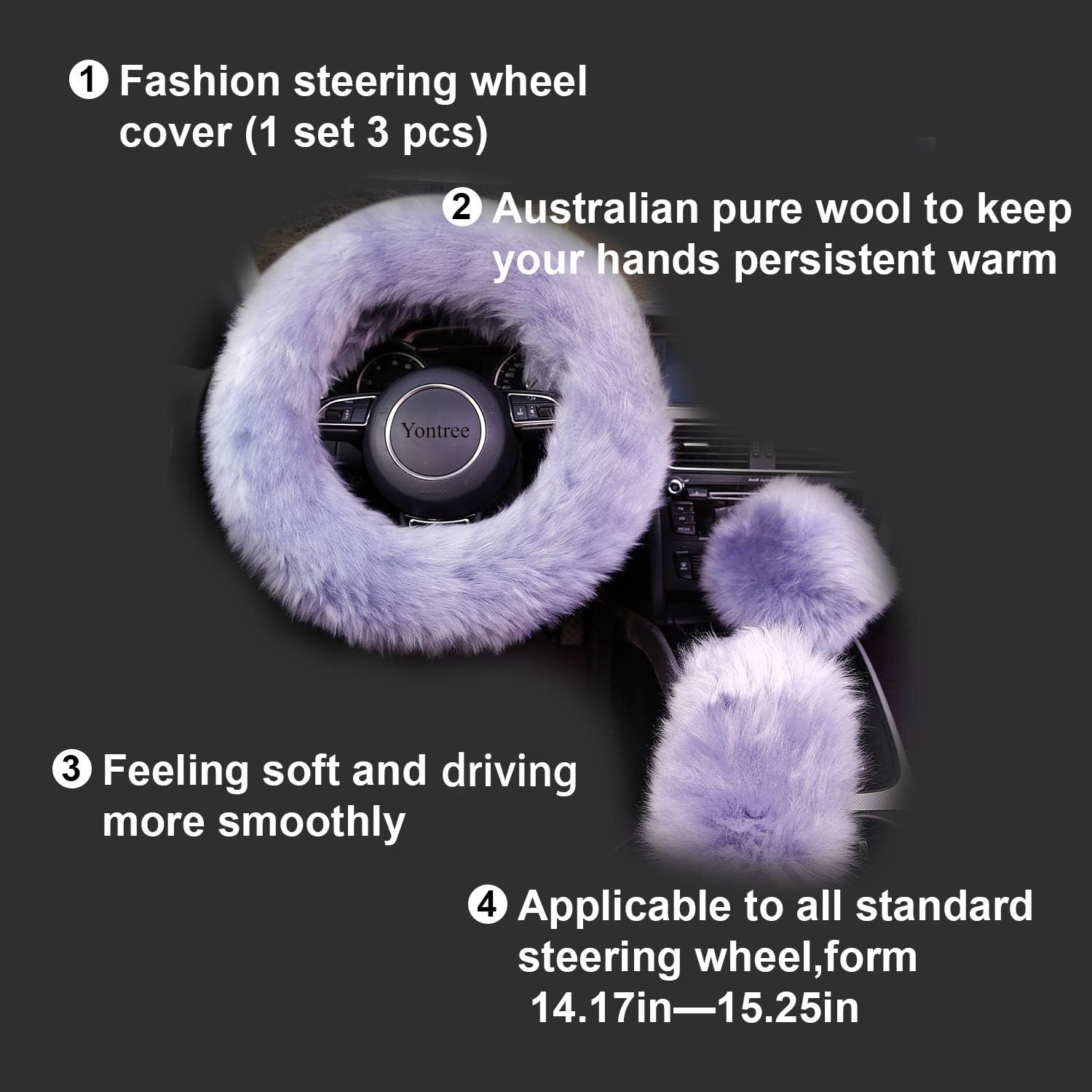 Yontree Fashion Fluffy Steering Wheel Covers for Women/Girls/Ladies Australia Pure Wool 15 Inch1 Set 3 Pcs (Pink): Automotive