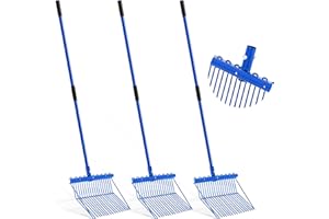 Lasnten 3 Sets Metal Manure Fork with Long Metal Handle Pitch Fork Manure Rake Heavy Duty Muck Rake for Gardening Horse Stall Stable Grass Hay Cleaning Farm Work (Blue)