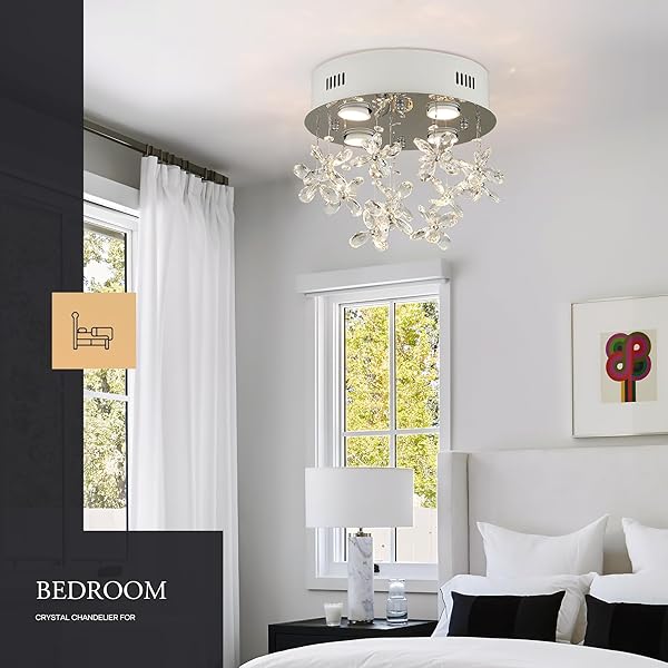 AOL FURIN 4-LIGHTS MODERN CHANDELIER K9 CRYSTAL LIGHTING FIXTURE,11.8 INCH ROUND SILVER STAINLESS STEEL FLUSH MOUNT CEILING LIGHTS FOR BEDROOM FOYER HALLWAY DINING ROOM,GU10 BULBS INCLUDE