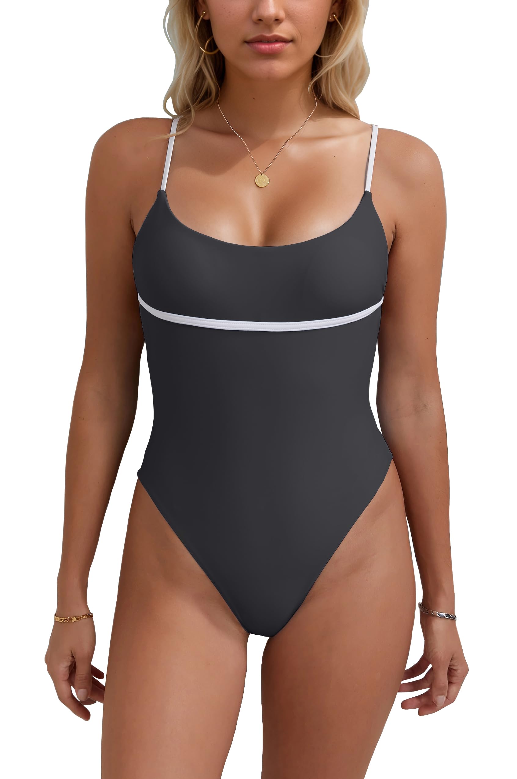 Photo 1 of geluboao Black Tummy Control One Piece Swimsuit Women Sexy Color Block Adjustable Spaghetti Straps Back V Cut Thong Swimwear 1 Piece S