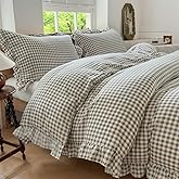 NSNLGSGC Tan Gingham Ruffle Duvet Cover Queen Size, 3 Pieces Taupe Soft Pre-Washed Microfiber Checked Plaid Comforter Cover Set, Vintage Farmhouse Bedding Set(Tan Gingham, Queen 90"x90")