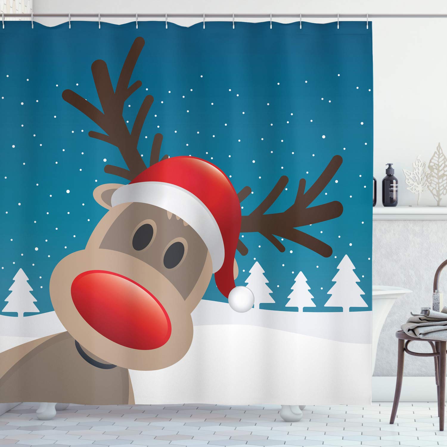 ABAKUHAUS Christmas Shower Curtain, Rudolph the Reindeer with Santa Hat Holiday Kids Themed Fun Cartoon, Cloth Fabric Bathroom Decor Set with Hooks, 70 Inches, Red Brown Navy — image 1