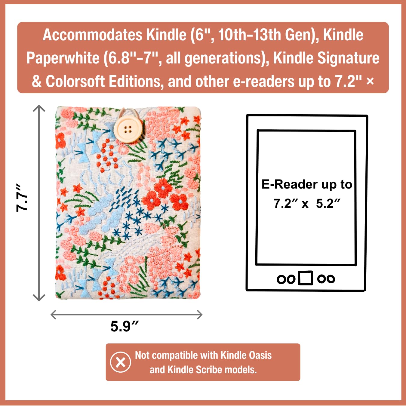 Embroidered Floral E-Reader Sleeve - Compatible with Kindle Paperwhite/Basic (6''), Paperwhite (6.8'') & (7''), Colorsoft, Kobo Clara - Cotton Padded E-Reader Cover