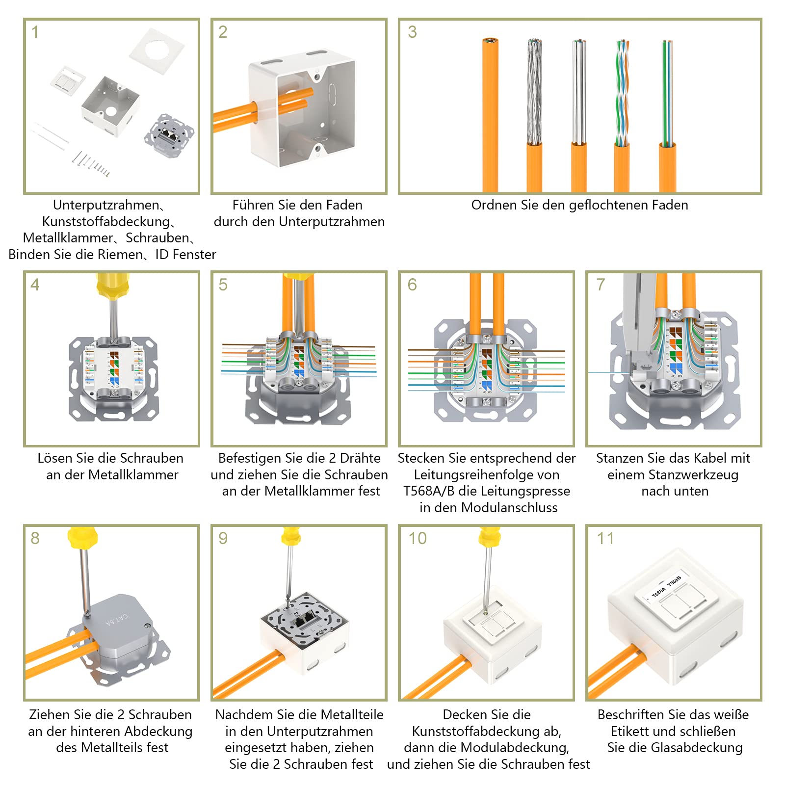 VCELINK Netzwerkdose CAT6A, 10 Gigabit 2 x RJ45 Port LAN Dose für Aufputz oder Unterputz, Geschirmt RJ45 Aufputzdose 500 MHz, POE, CAT6 CAT5, EIA/TIA T568A&B, Weiß, 1 Stück 5