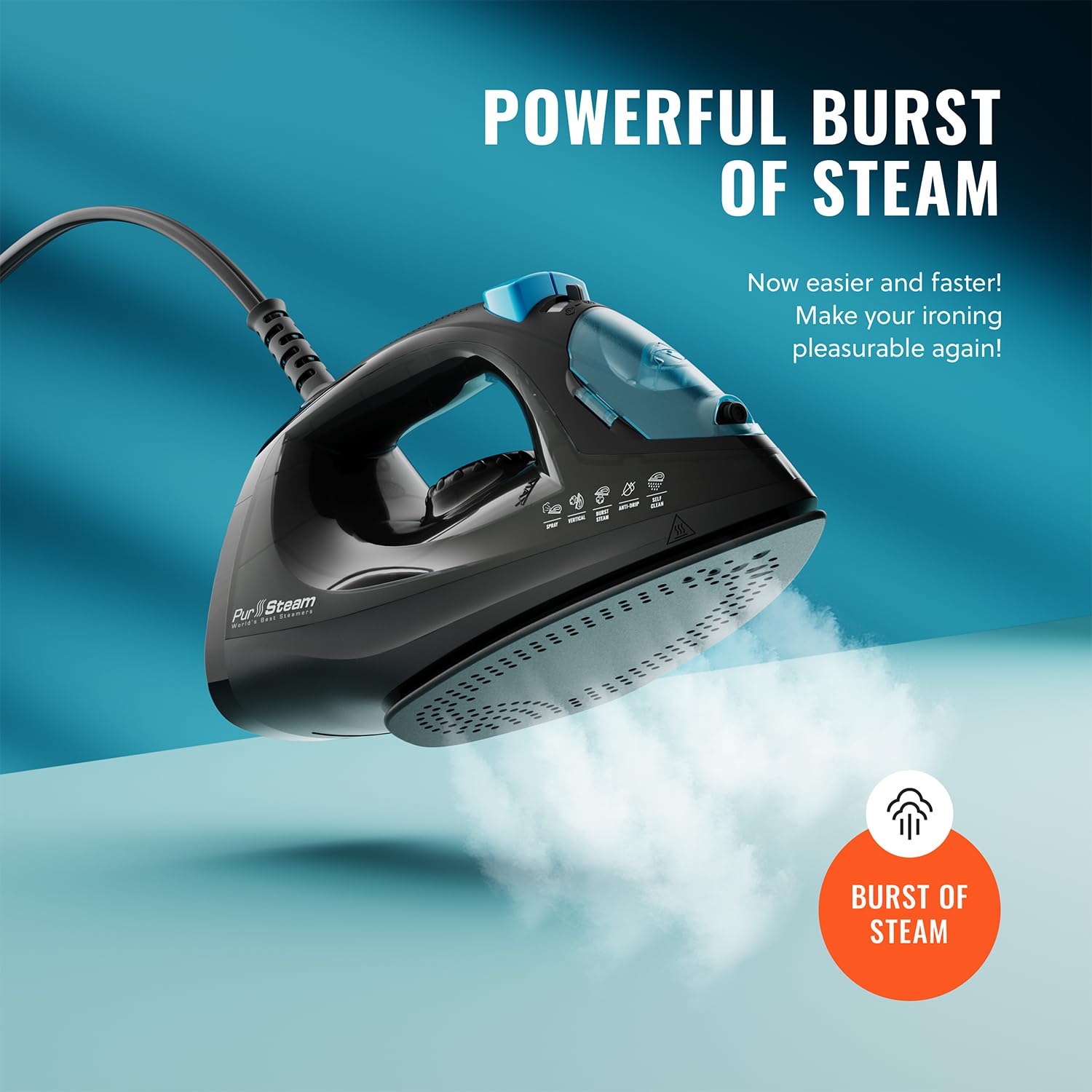 PurSteam Professional 1250W Steam Iron | Powerful Steamer with Burst of Steam & Spray | Non-Stick Soleplate, Easy Temperature Control & Auto Shut-Off