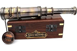 JUNZALINAUTIC Vintage Nautical Handheld Brass Telescope with Wood Box - Nautical Captain Spyglass Telescope