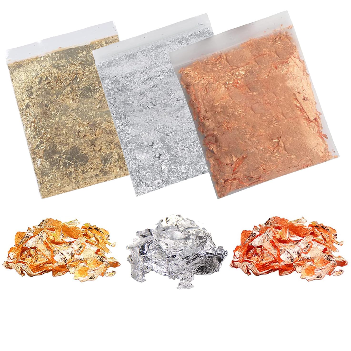 45g Foil Flakes, BetterJonny 3 Bags Gold Leaf Flakes Gold Foil Copper Leaf Silver Leaf Metallic Foil Flakes with Tweezer for DIY Craft