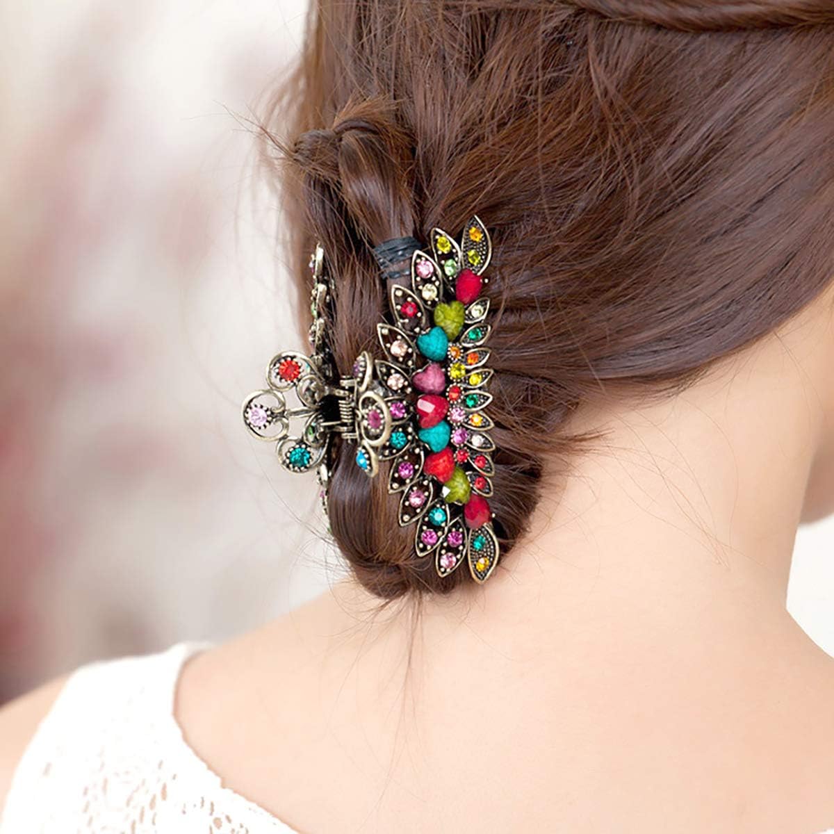 Fodattm Girls Women Lady Retro Flowers Hair Claw Clip Vintage Alloy Rhinestone Non-Slip Hair Jaw Clips Hairpin Large Hair Updo Grip Bath Accessories for Thick Hair Fancy Hair Clamp (Colourful) - Image 3