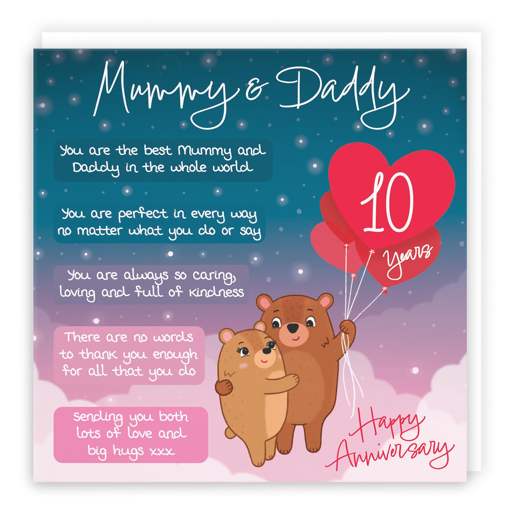 Hunts England - Mummy And Daddy 10th Anniversary Card - Starry Night - Cute Bears - Verse 10th Anniversary Card For Mummy And Daddy - Happy 10th Anniversary Poem Card For Parents