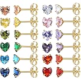12 Pairs 18K Gold Plated Surgical Stainless Steel Stud Earrings, Star Heart Square Stud Earring for Women, Cubic Zirconia Birthstone Stud Earrings Set