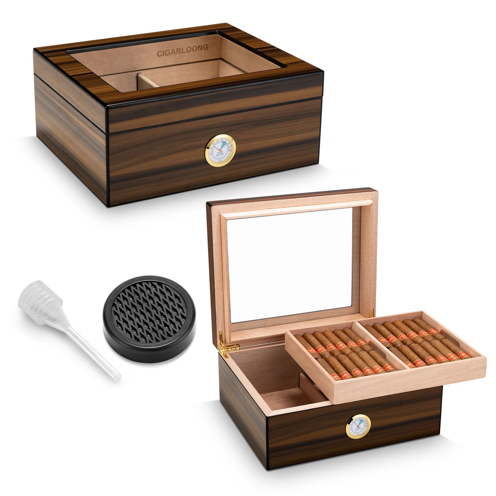 CIGARLOONG Cigar Humidor Brown Desktop Cedar Wood Lined Cigar Storage Box with Hygrometer and Humidifier (middle)