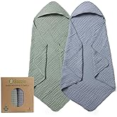 Seozio Hooded Baby Bath Towels for Newborn, 2 Pack 100% Cotton 32x32Inch Baby Bath Towel with Hood for Babies, Infant, Toddler and Kids, Soft and Absorbent Newborn Essential (Green and Grey)