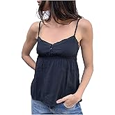 Women Lace Trim Babydoll Cami Top Spaghetti Strap Peplum Lace Tank Top Sexy Low Cut Backless Flowy Cami Shirt