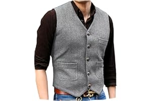 SOLOVEDRESS Mens Vintage Tweed Suit Vest V Neck Casual Wool Waistcoat for Wedding Groomsmen