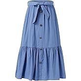 Kukume Maxi Skorts Skirt for Girls Button Front High Waisted Long Skirt with Belt Ruffled Skirts with Pocket 3-12Years